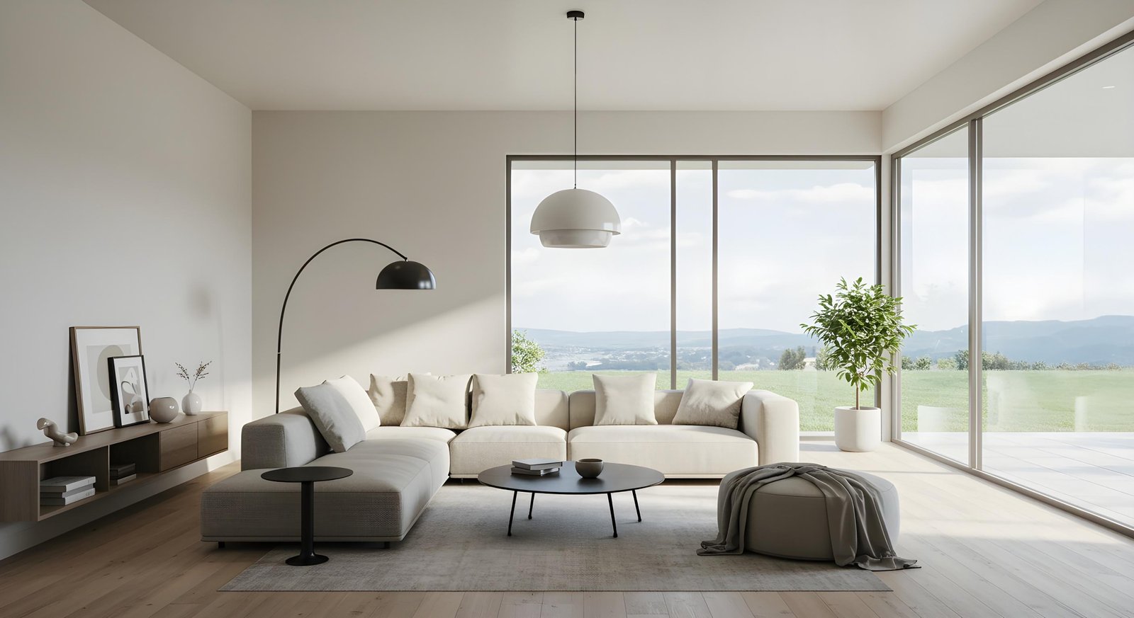 Bright clean minimalist home interior layout showing natural light and space alignment